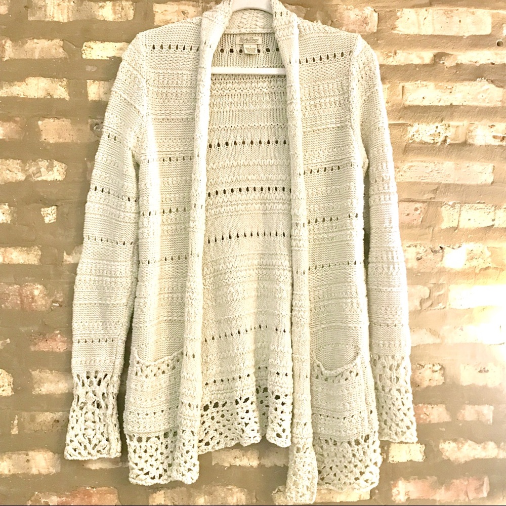 Lucky Brand Crochet Knit Open Cardigan Sweater Oatmeal